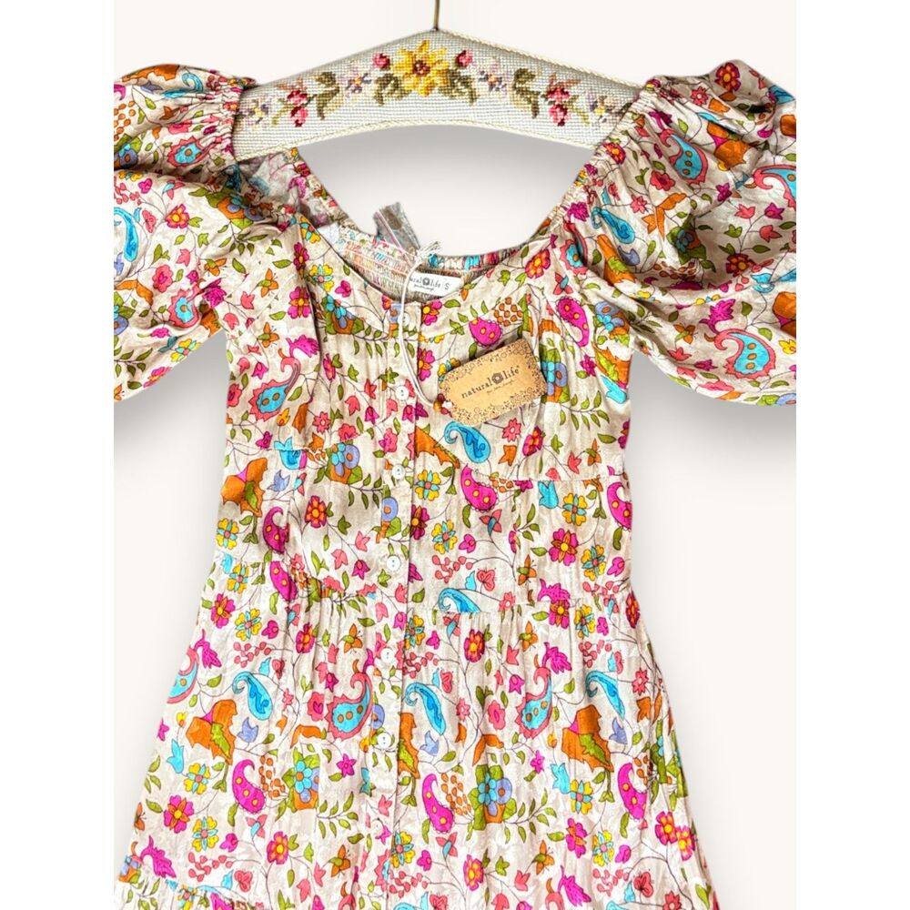 Natural Life Danielle Maxi Dress Paisley Petals Floral Boho Puff Sleeve S NWT